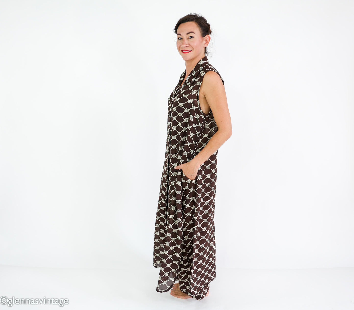 1990s Brown Print Dress & Pants | Sleeveless Dress Pant Set, Large