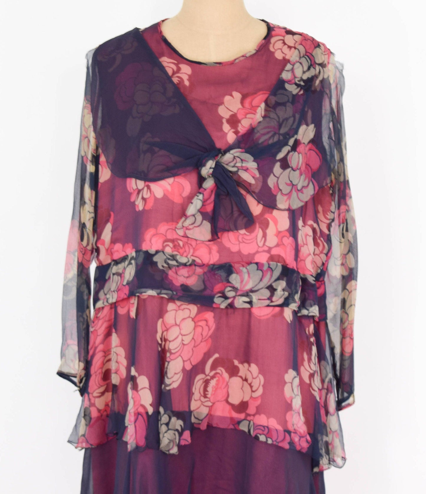 1900s  Navy & Red Floral Layered Dress | Navy Flowered Silk Chiffon Dress | Large