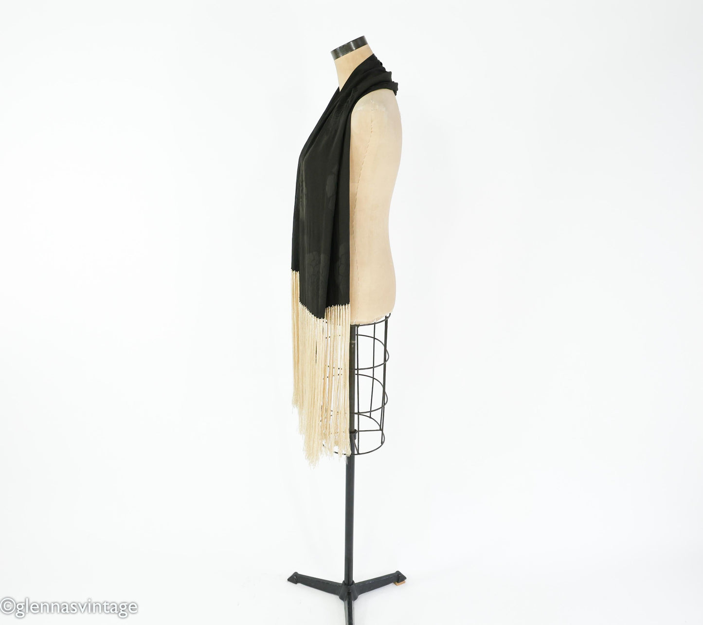 1920s Black Silk Scarf with Long Creme Fringe