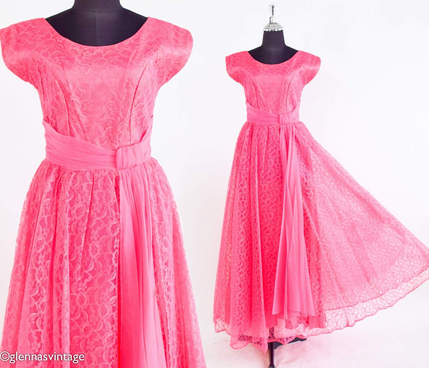 1950s Bubblegum Pink Lace Evening Gown, Extra Small