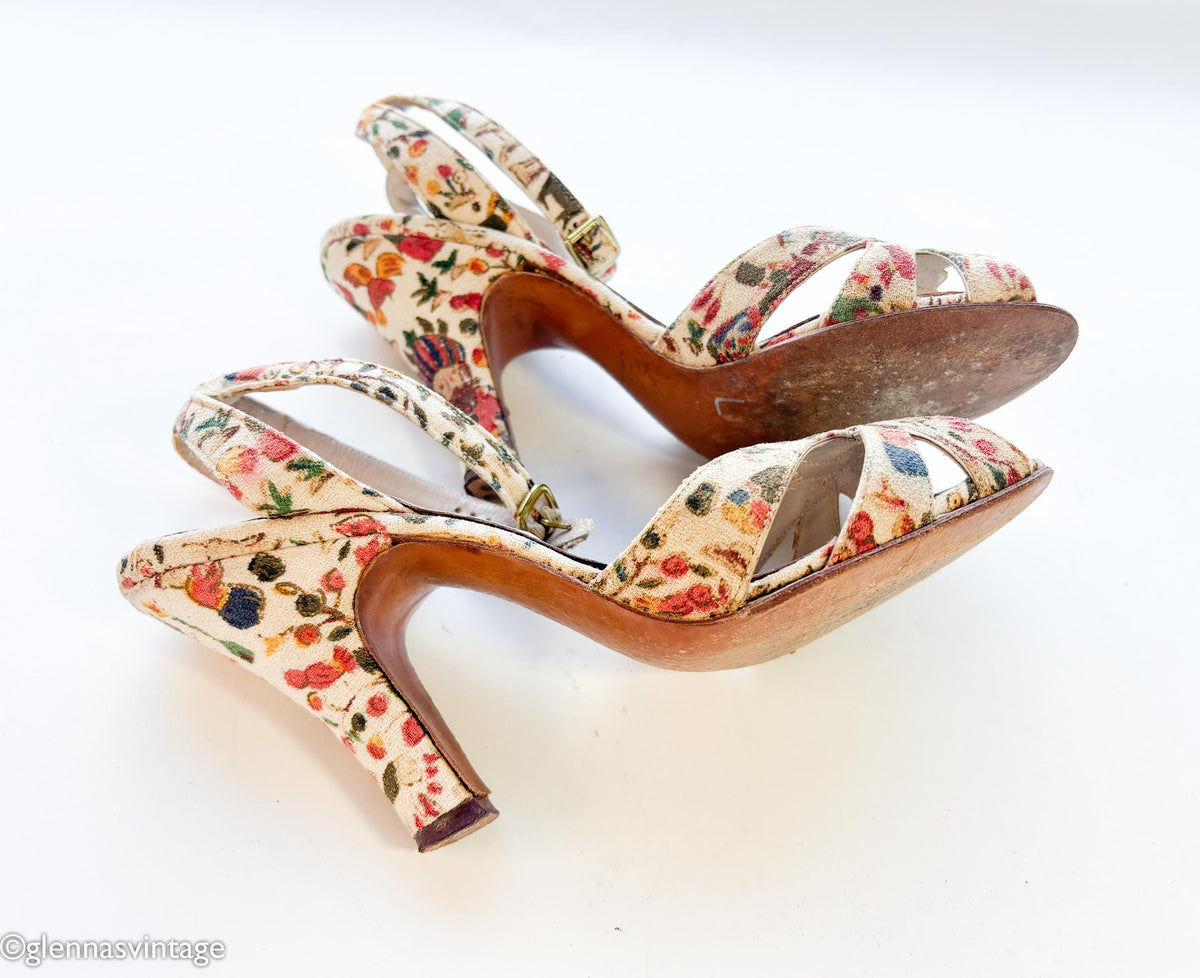 1950s Colorful Floral Design Heels | Beige Print Ankle Strap Heels