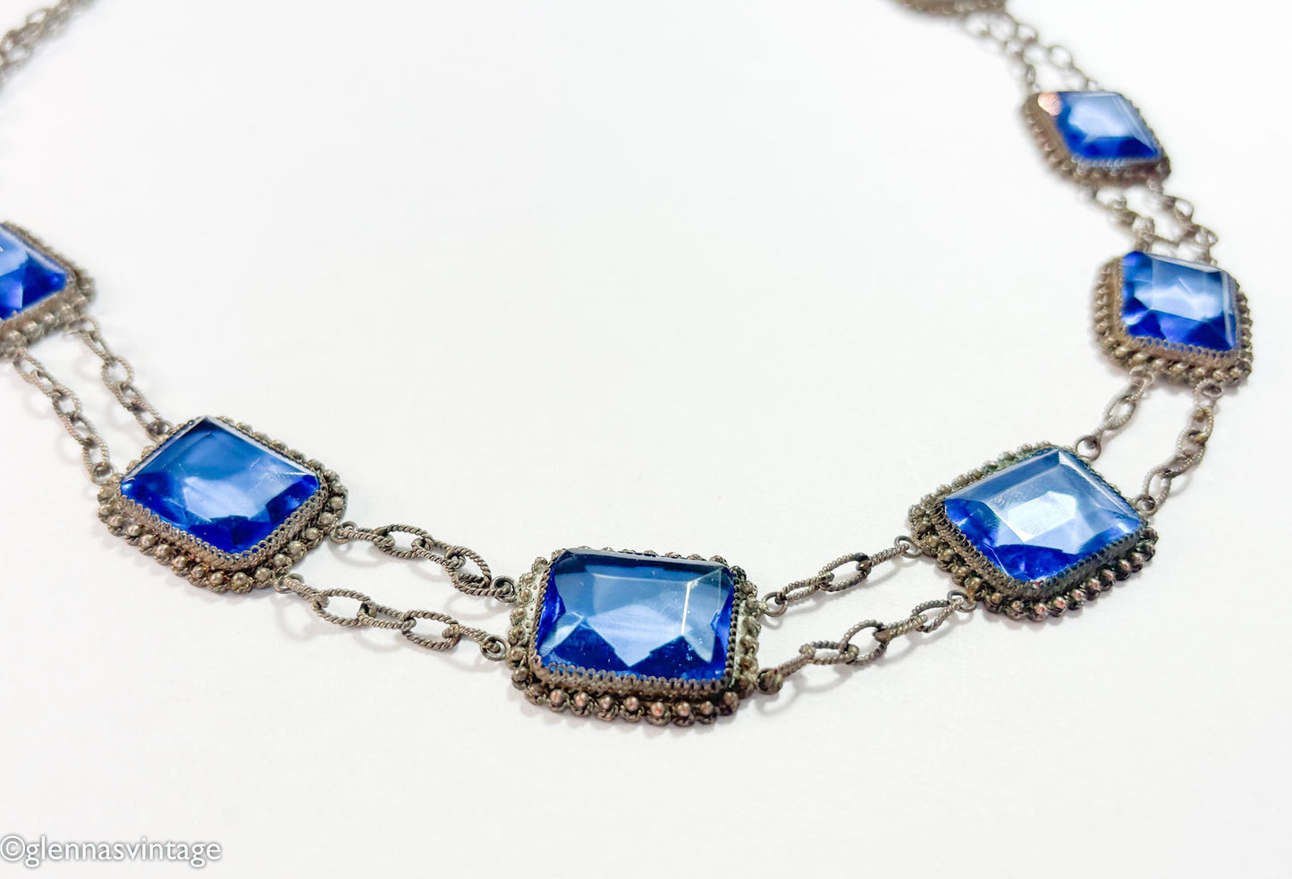1900s Edwardian Blue Glass & Filigree Rectangle Necklace