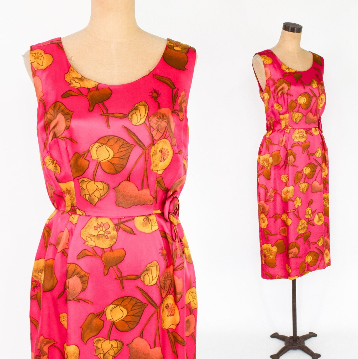 1950s Fuchsia Pink Floral Wiggle Dress, Medium