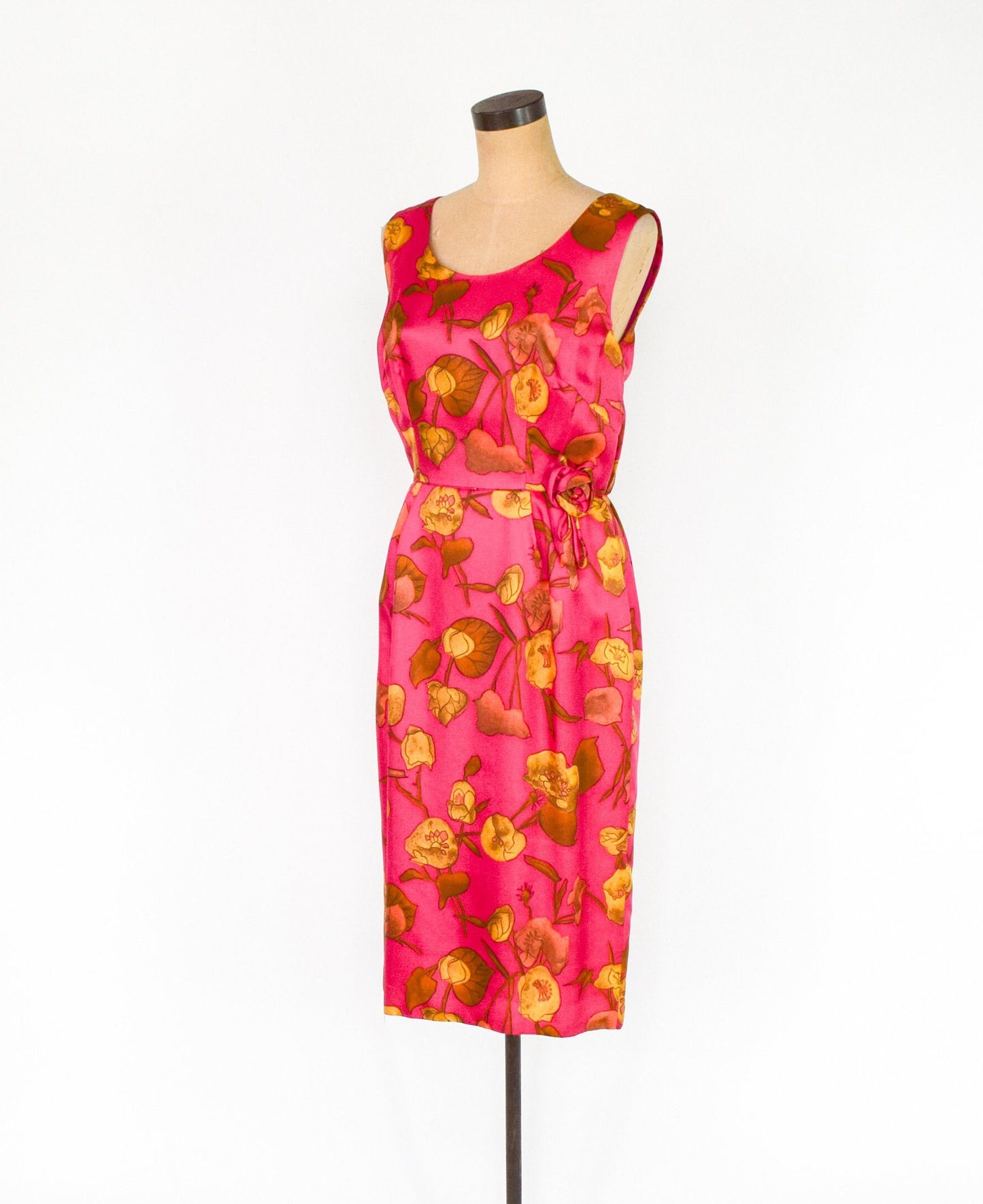1950s Fuchsia Pink Floral Wiggle Dress, Medium