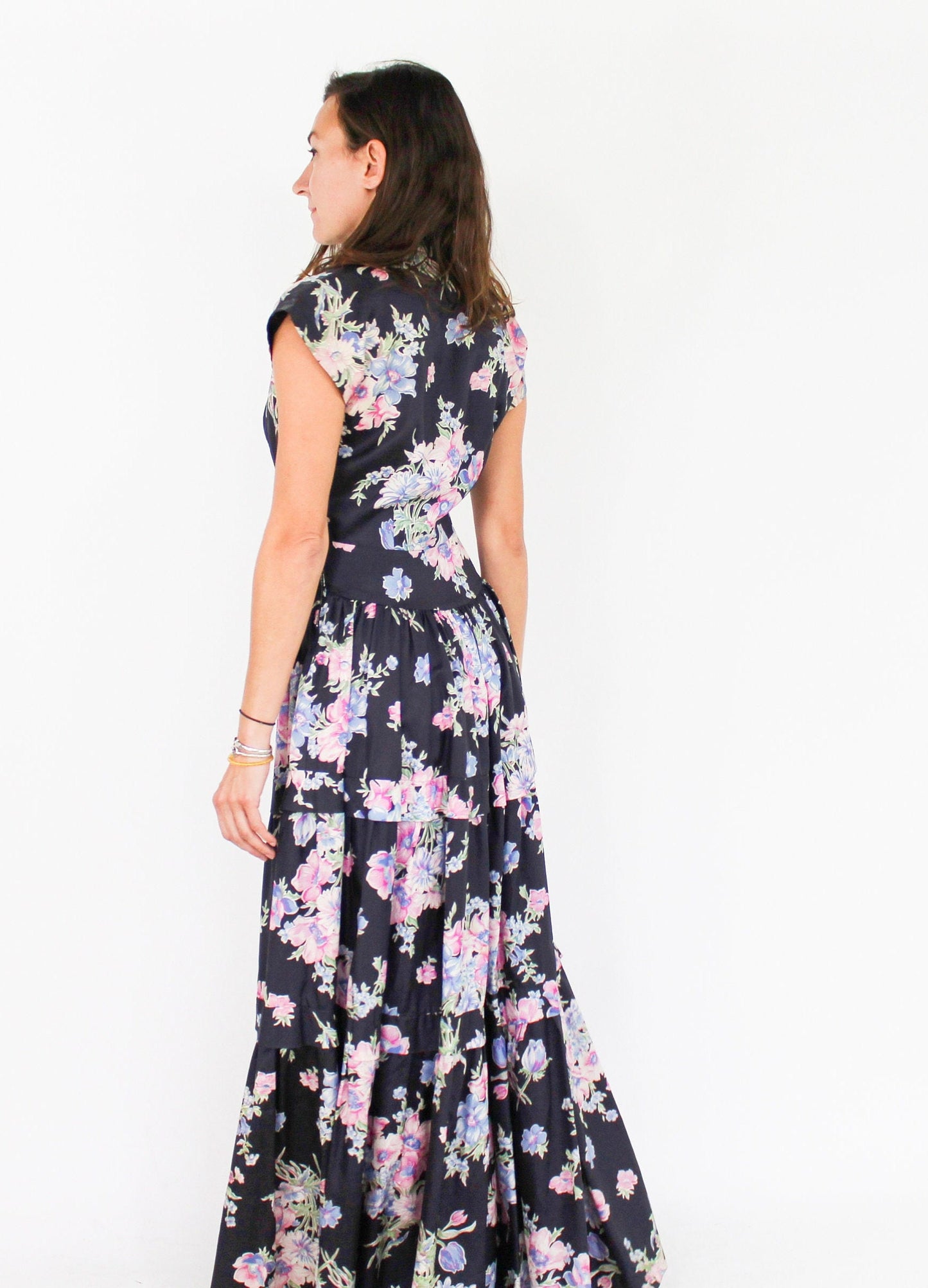 1940s Black Floral Print Evening Dress | 40s Black Flowered Sleeveless Hostess Gown | The Linzi Line | Small