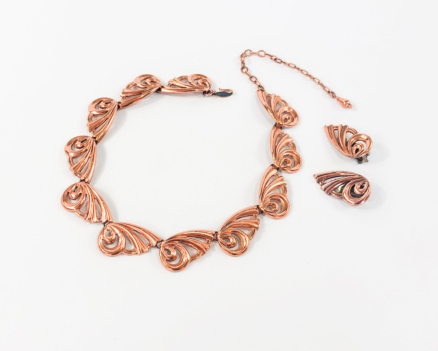 1950s Copper Swirl Necklace & Earring Set, Renoir Jewelry Hat