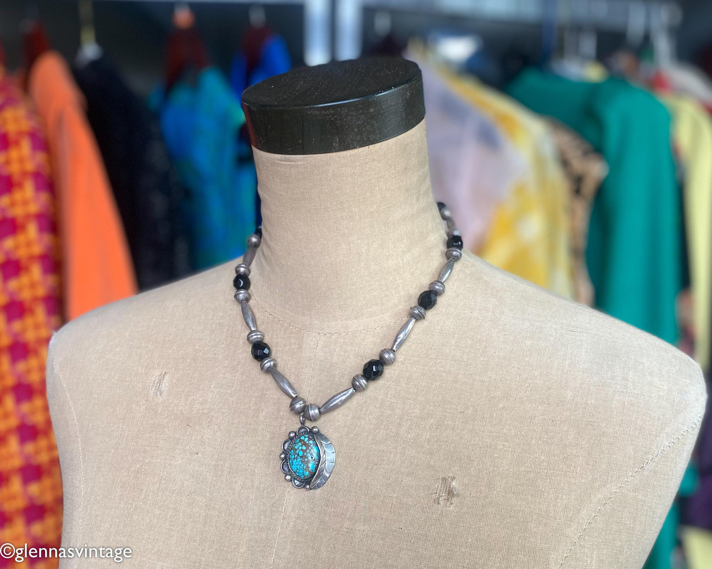 1940s Turquoise Pendant Necklace | Vintage Sterling Silver, Black Glass Beads