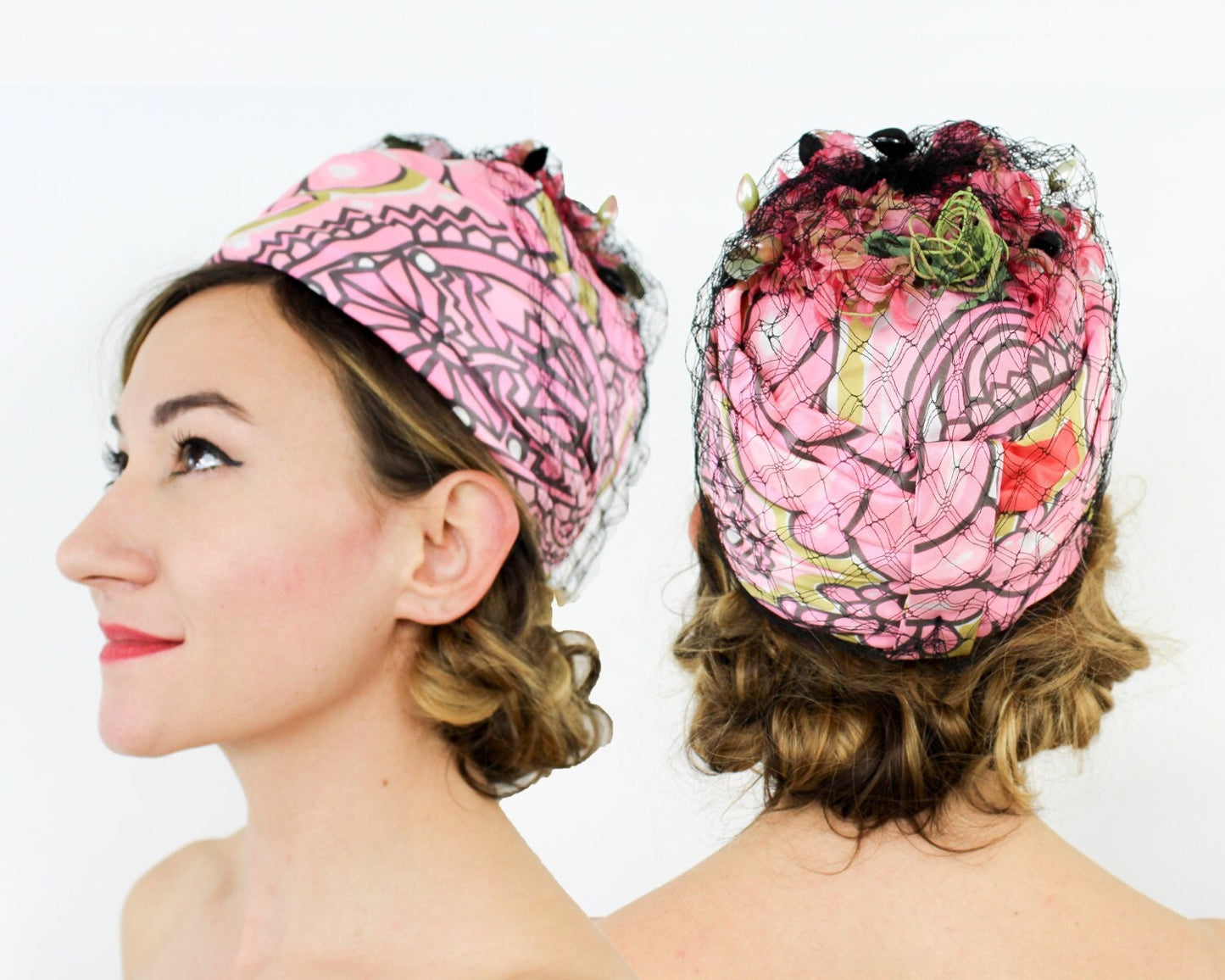 1960s Pink Print Turban Hat