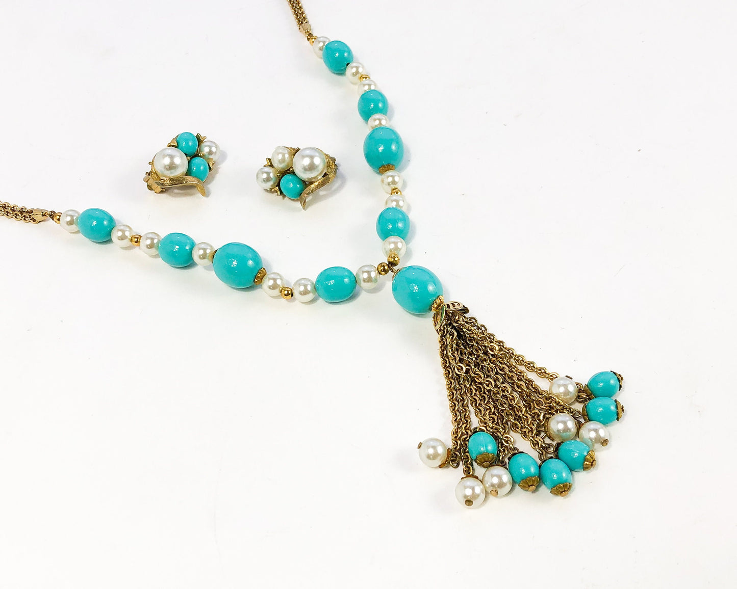 1960s Turquoise and Faux Pearl Necklace Set | Gold Pendant and Clip Earrings