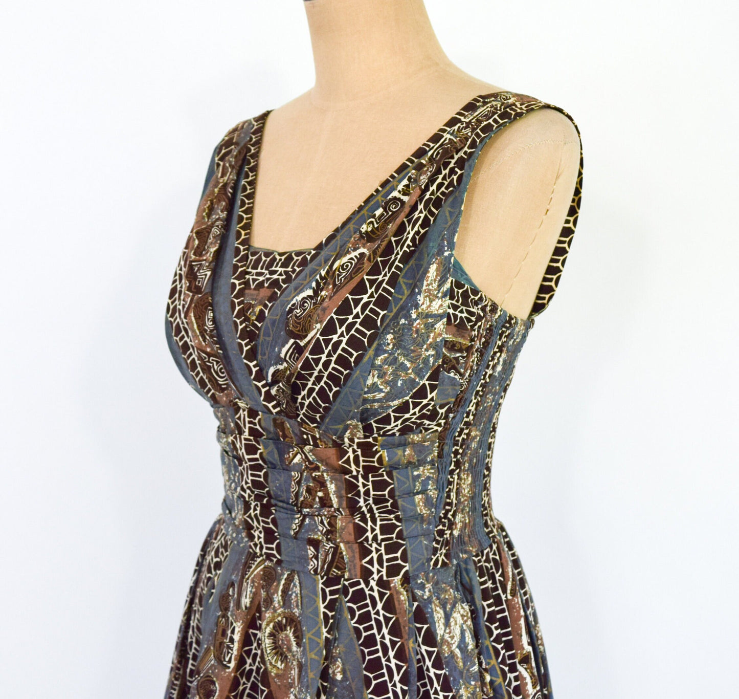 1950s Brown & Grey Hawaiian Tiki Dress, Extra Small