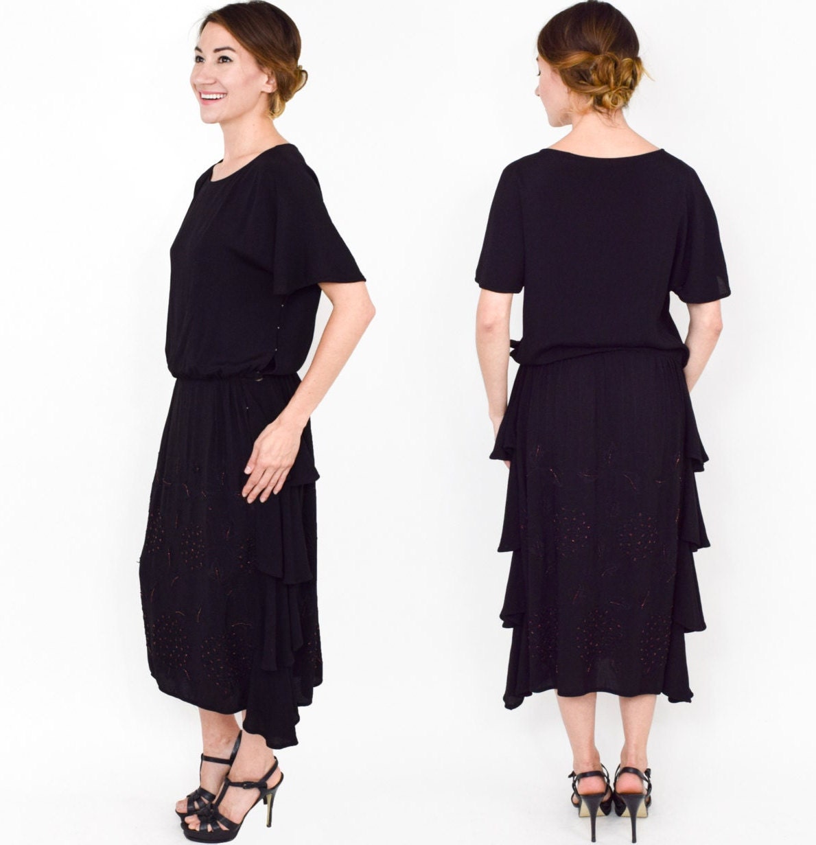 1920s Black Silk Beaded Dress, Embroidered Flapper Gown, Medium