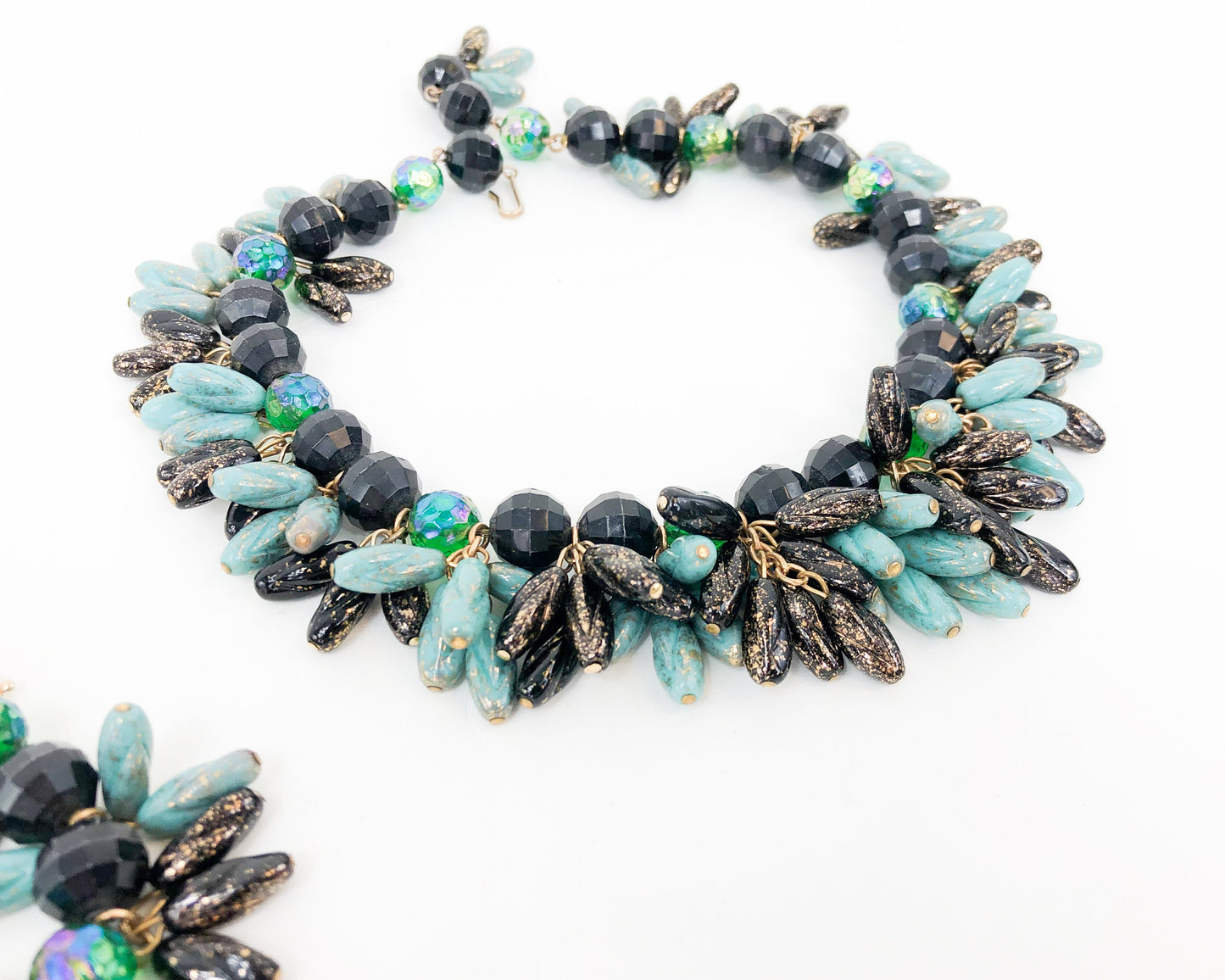 1960s Blue & Black Glass Necklace Set | 60s Turquoise Glass Fringe Bead Choker Set