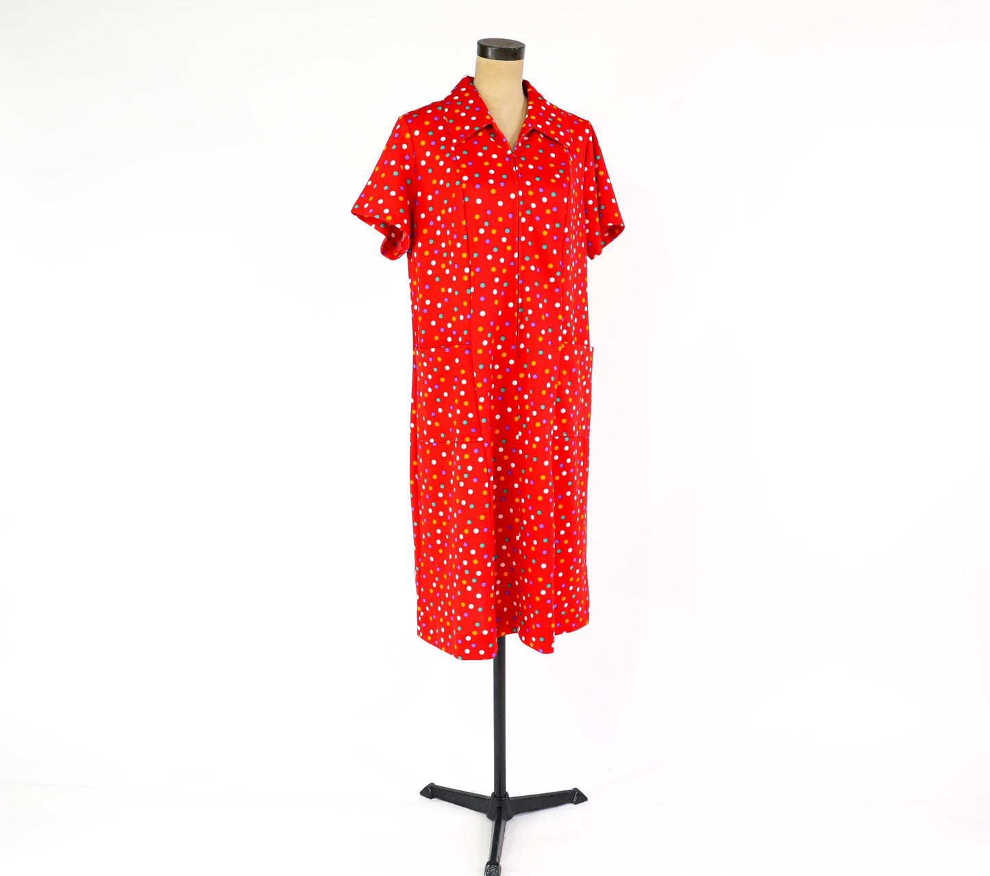 1970s Red Polka Dot Dress, XL 42" Waist