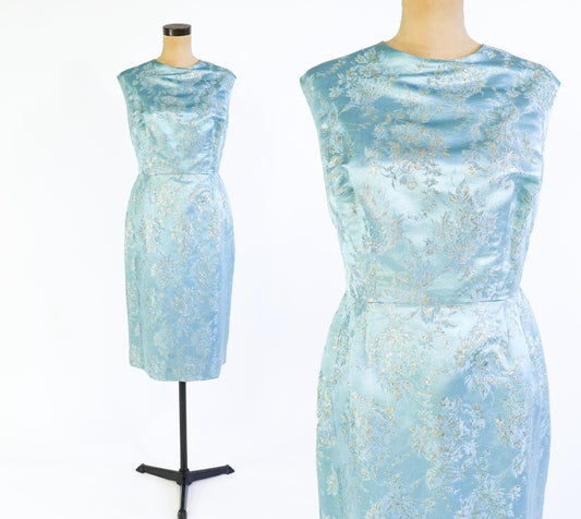 1950s Blue Metallic Jacquard Party Dress, 35" Waist