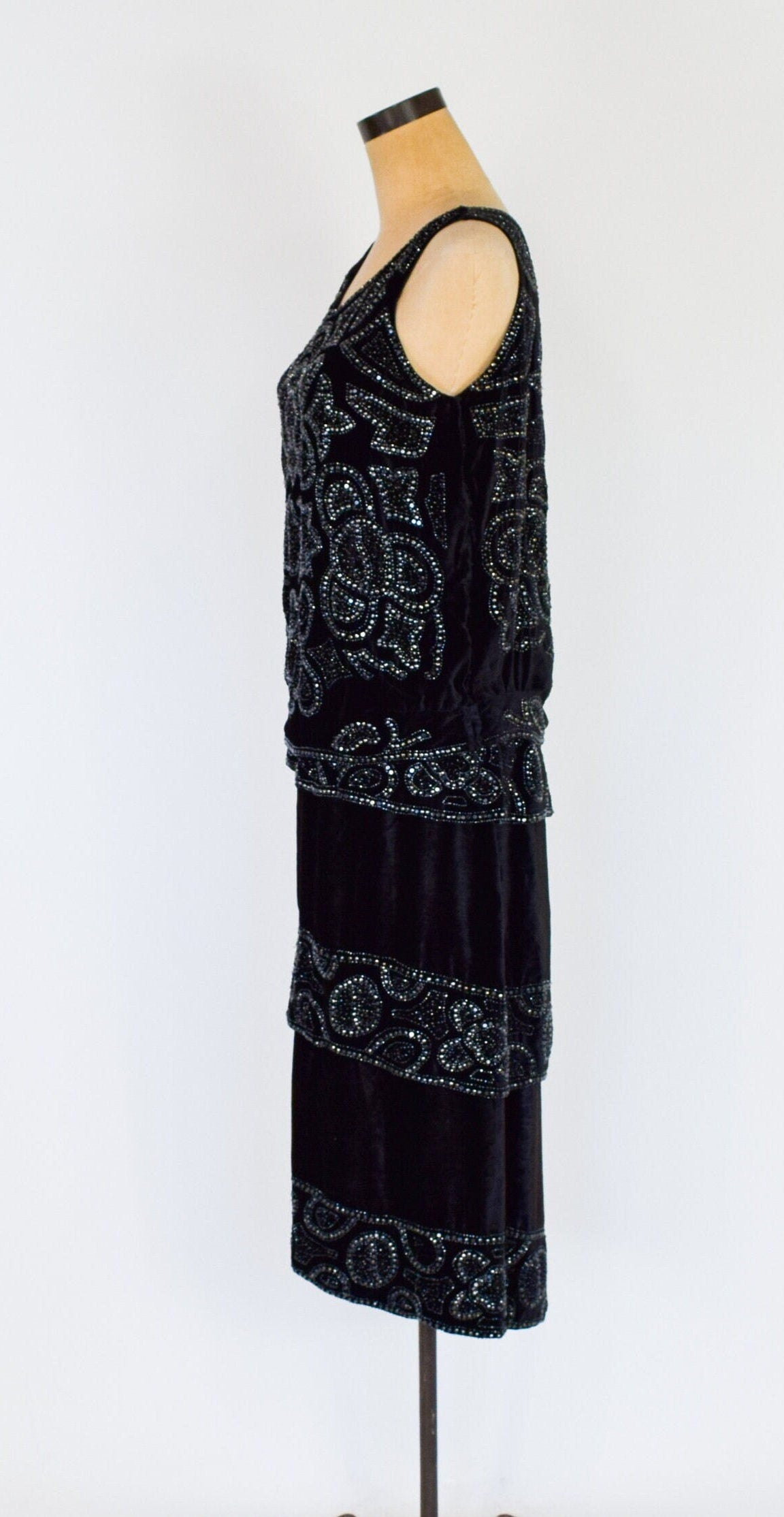 1900s Beaded Black Velvet Evening Set Dress, Downton Abbey, Gatsby
