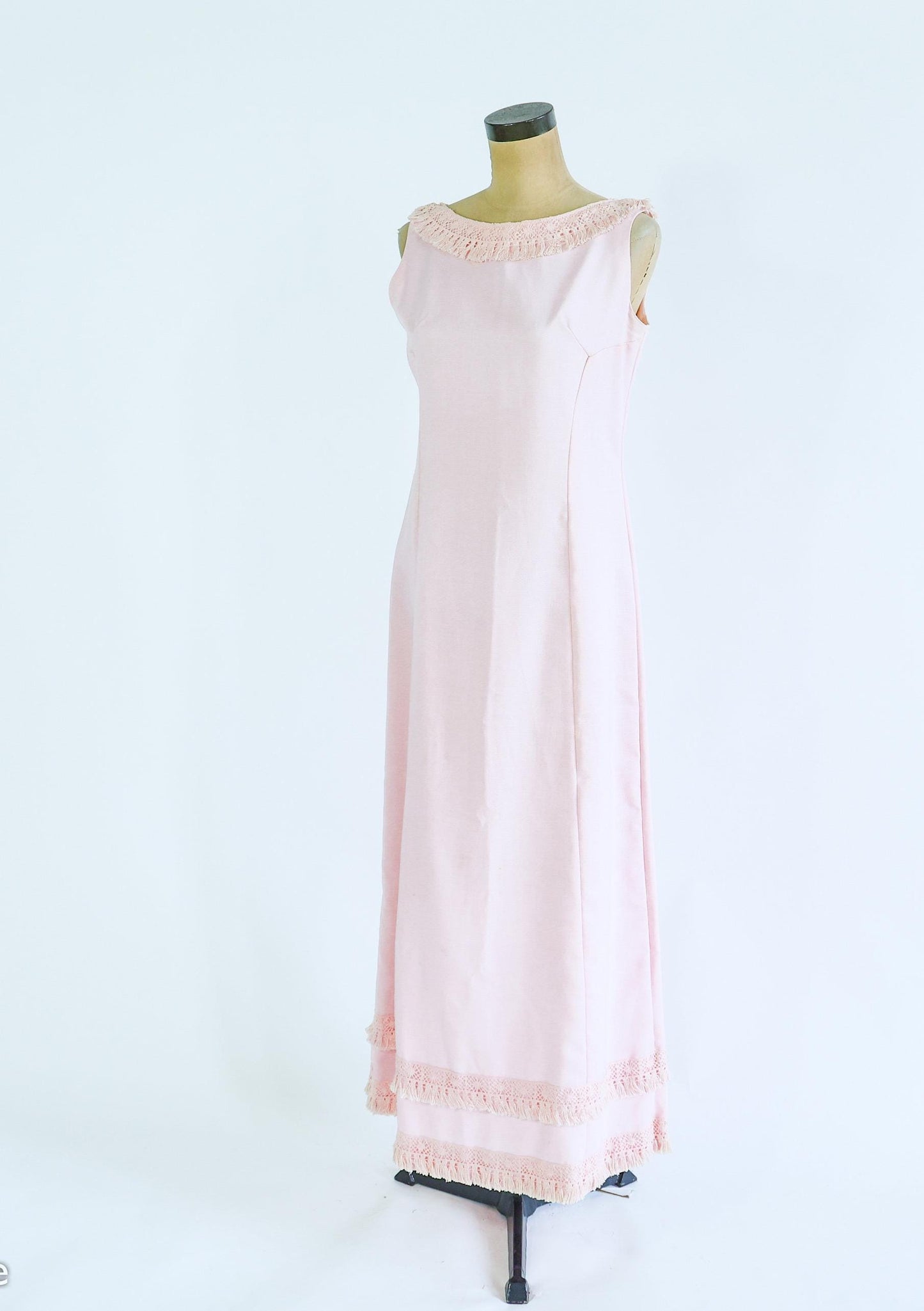 1960s Pink Fringe Column Dress | 60s Pale Pink Cotton Maxi Dress | Emma Domb | Medium