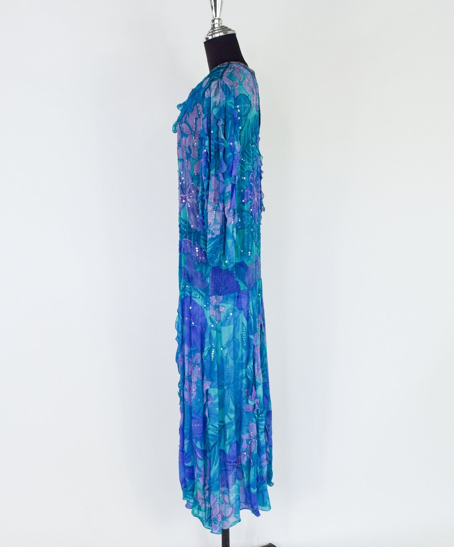 1980s Blue Silk Chiffon Ruffled Party Dress | 80s Blue Beaded Chiffon Dress | Judith Ann Creations | Medium