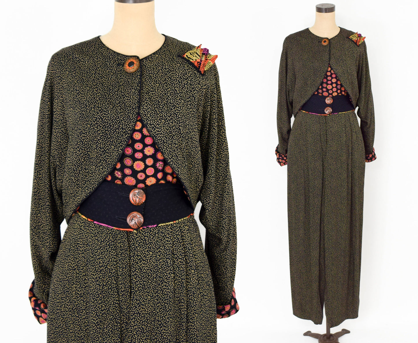 1980s Brown Print 3-Piece Suit, Top Pants Jacket Set, Medium