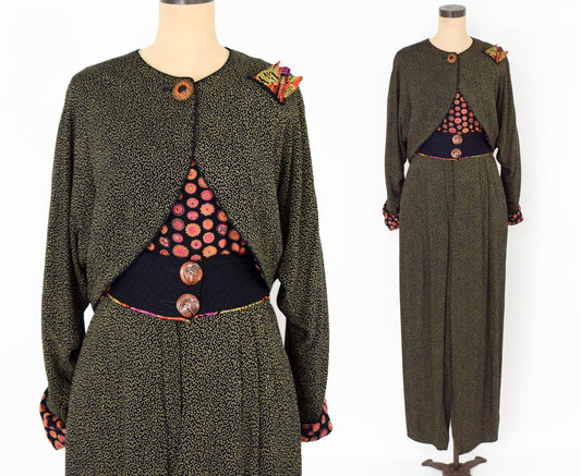 1980s Brown Print 3-Piece Suit, Top Pants Jacket Set, Medium