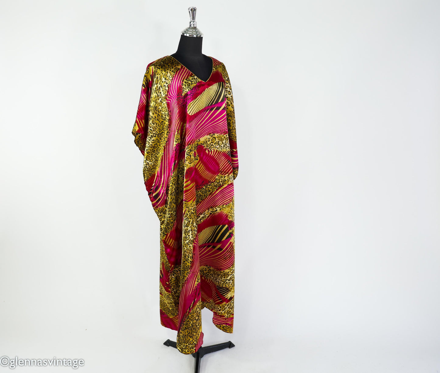 1990s Animal Print Caftan, Burgundy Pink Gold, Plus Size Silk Blend
