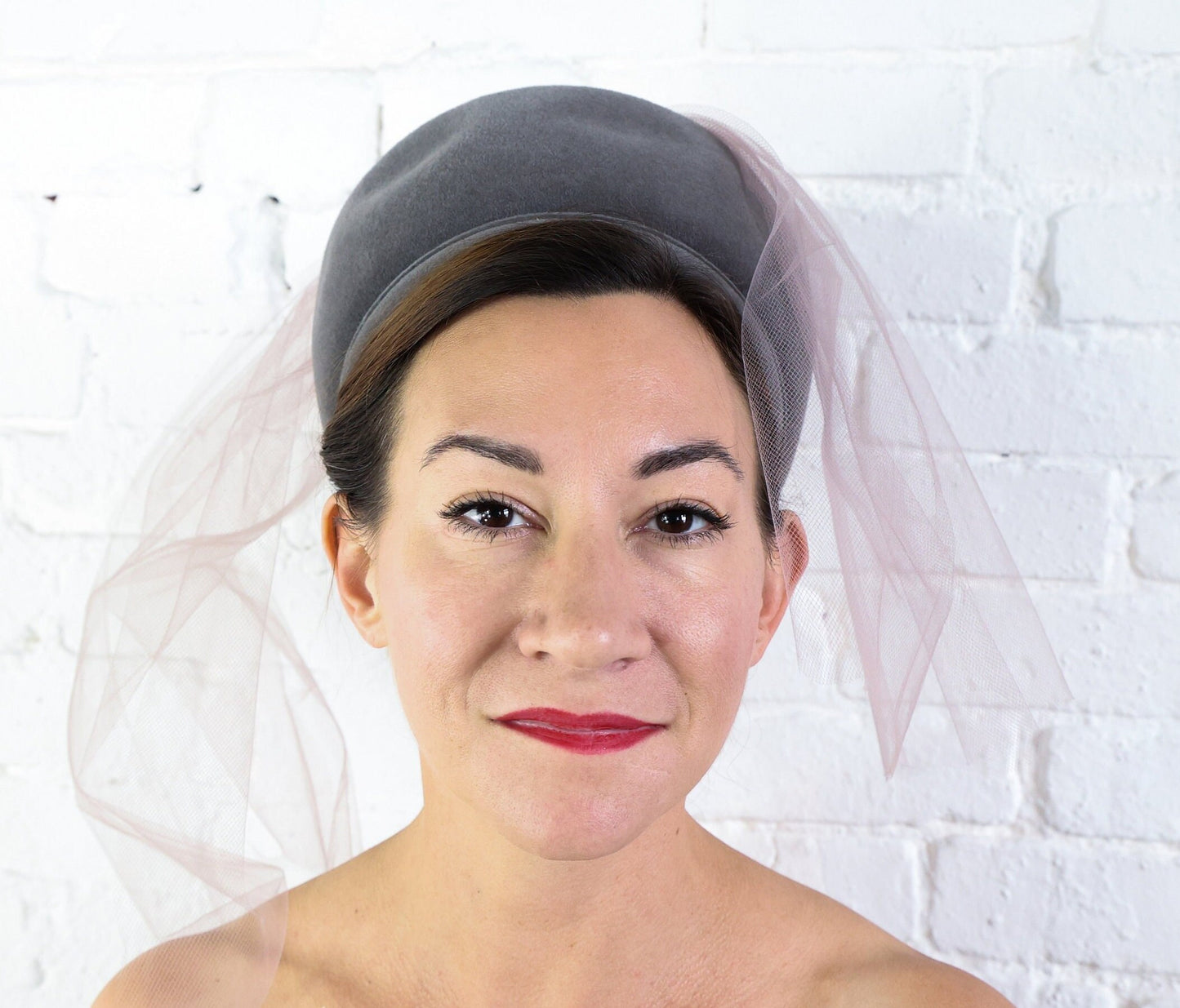 1960s Gray Wool Hat with Lavender Tulle Veil