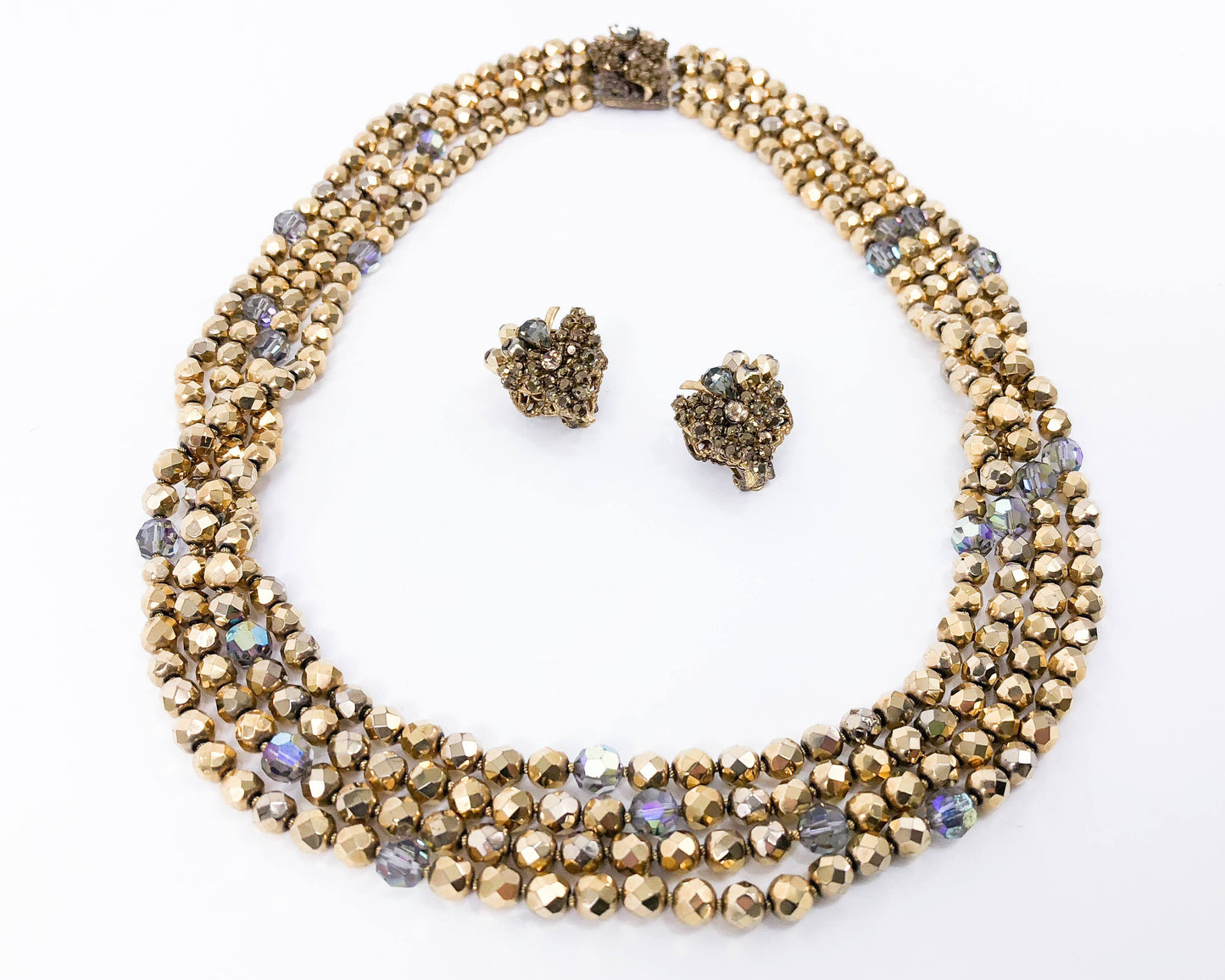 Eugene | 1950s Bronze Crystal Necklace & Earrings Set | 50s Bronze Crystal Evening Jewelry Set | Gold Crystal Necklace Set | Eugene