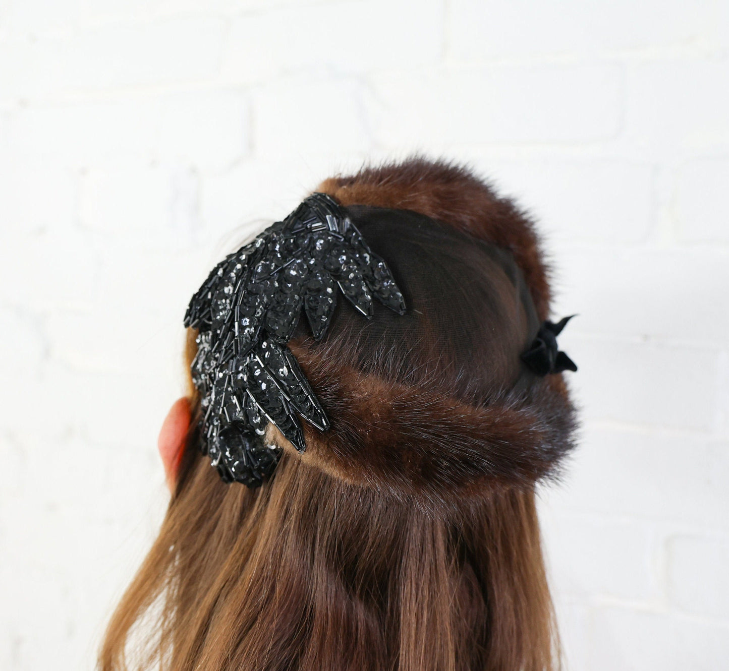 1950s Mink & Black Sequin Fascinator Hat