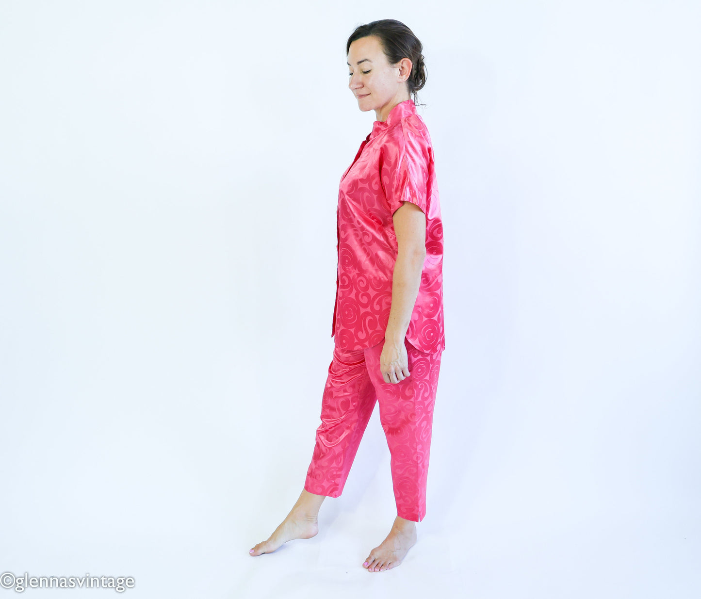 1960s Pink Satin Pajamas, Top & Pants Set, Medium