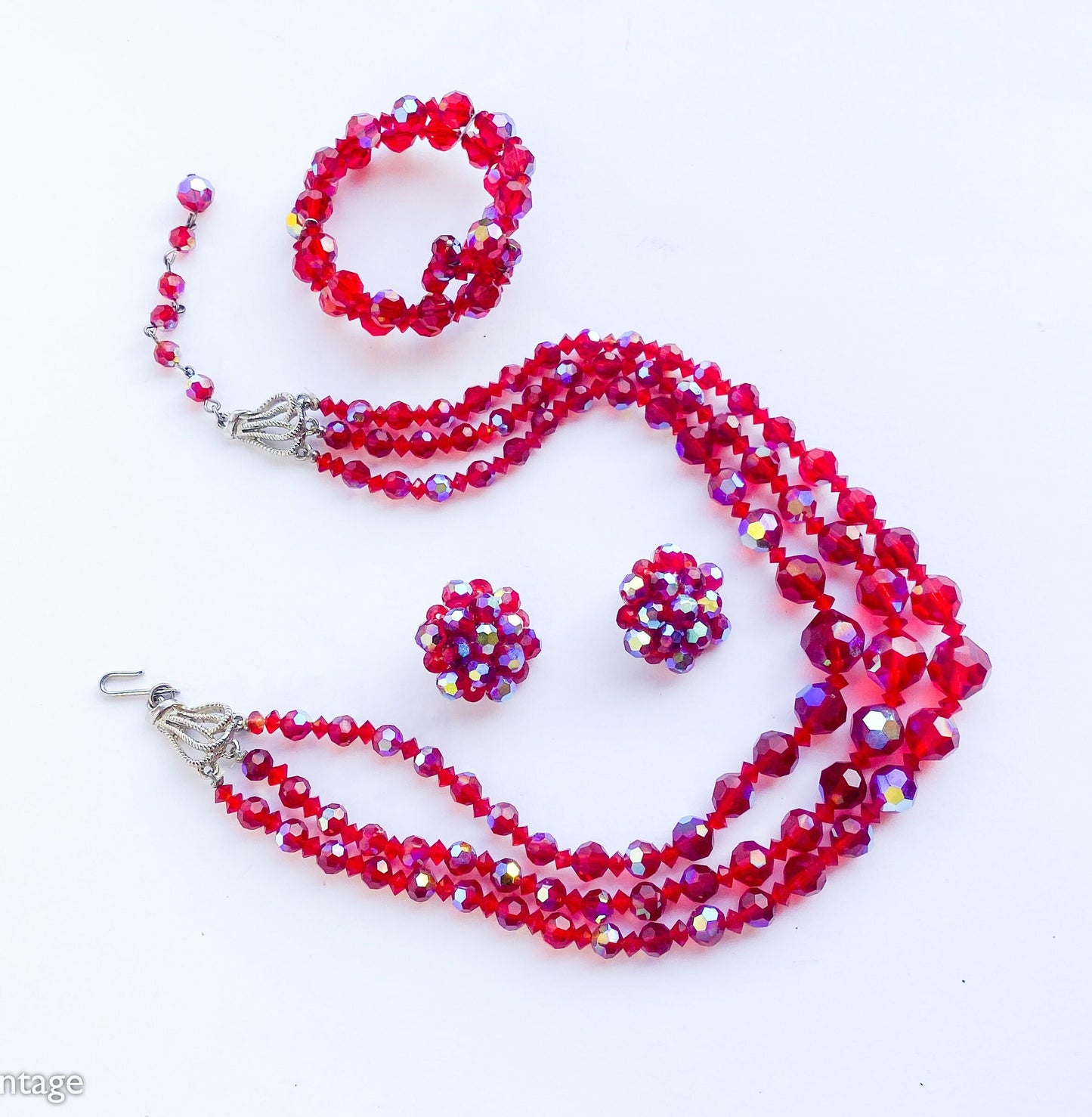 1950s Red Aurora Borealis Crystal Necklace Bracelet Earrings Set, Parure Jewelry set
