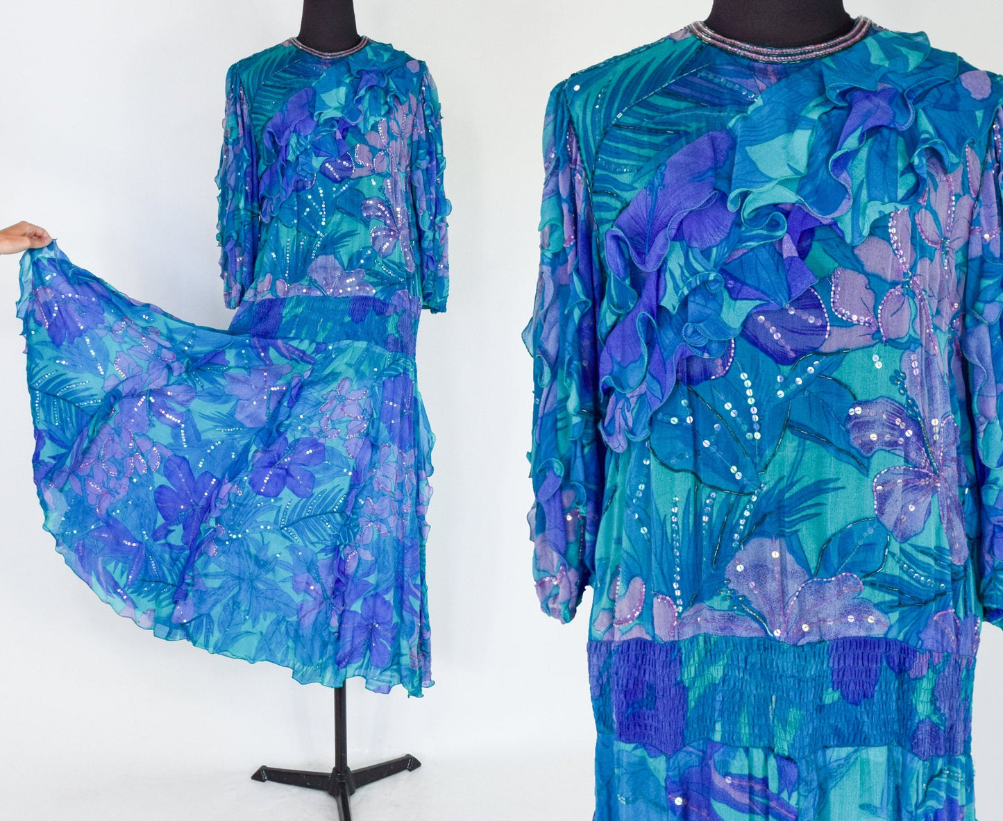 1980s Blue Silk Chiffon Ruffled Party Dress | 80s Blue Beaded Chiffon Dress | Judith Ann Creations | Medium