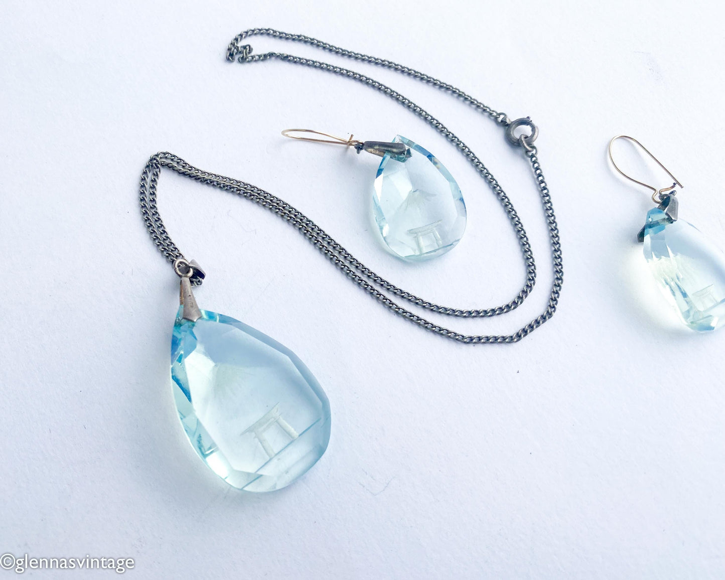 1950s Mt Fuji Scene in Blue Glass Pendant Necklace and Earring Set