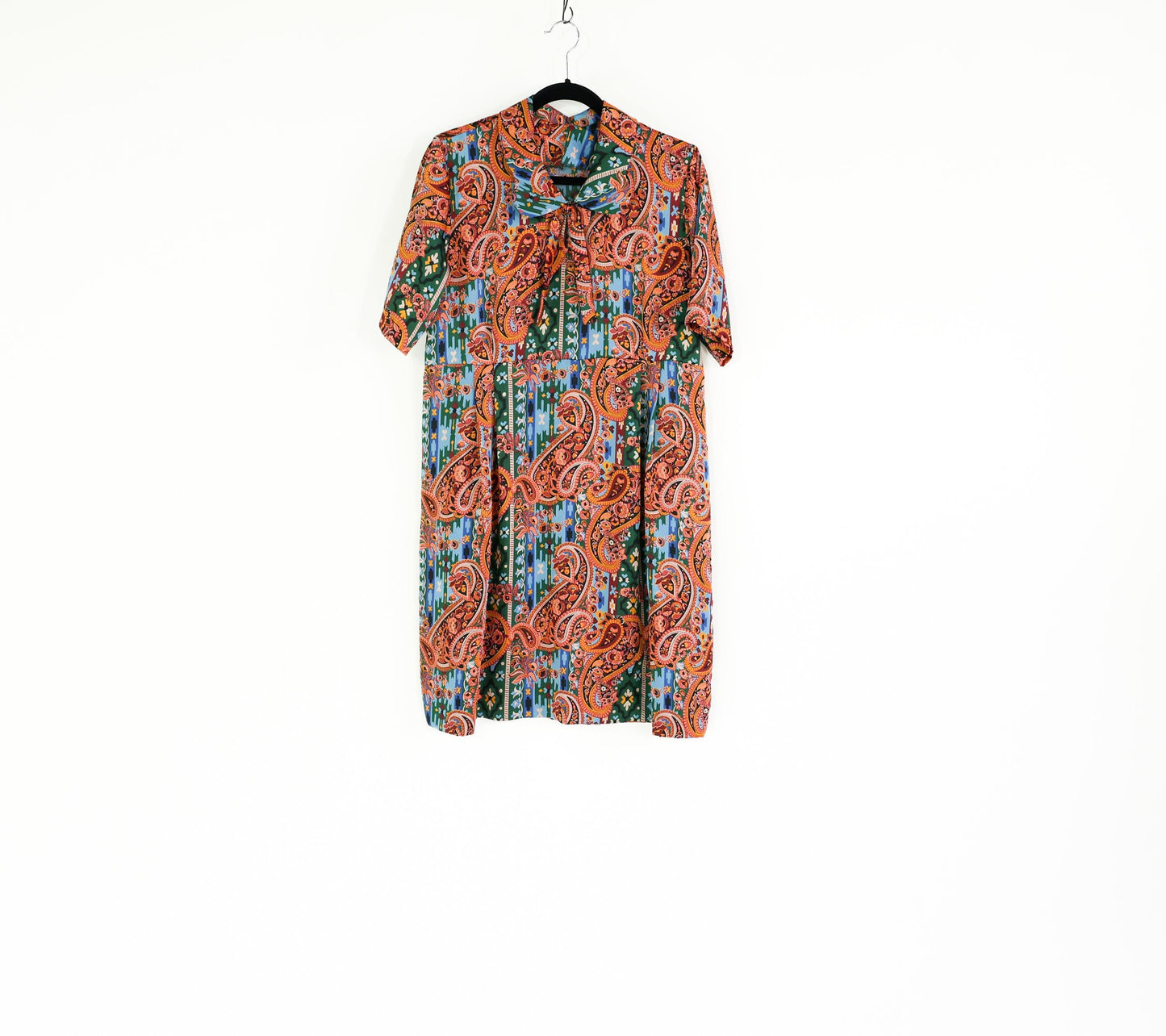 1960s Orange & Blue Paisley Print Dress, 38" Waist