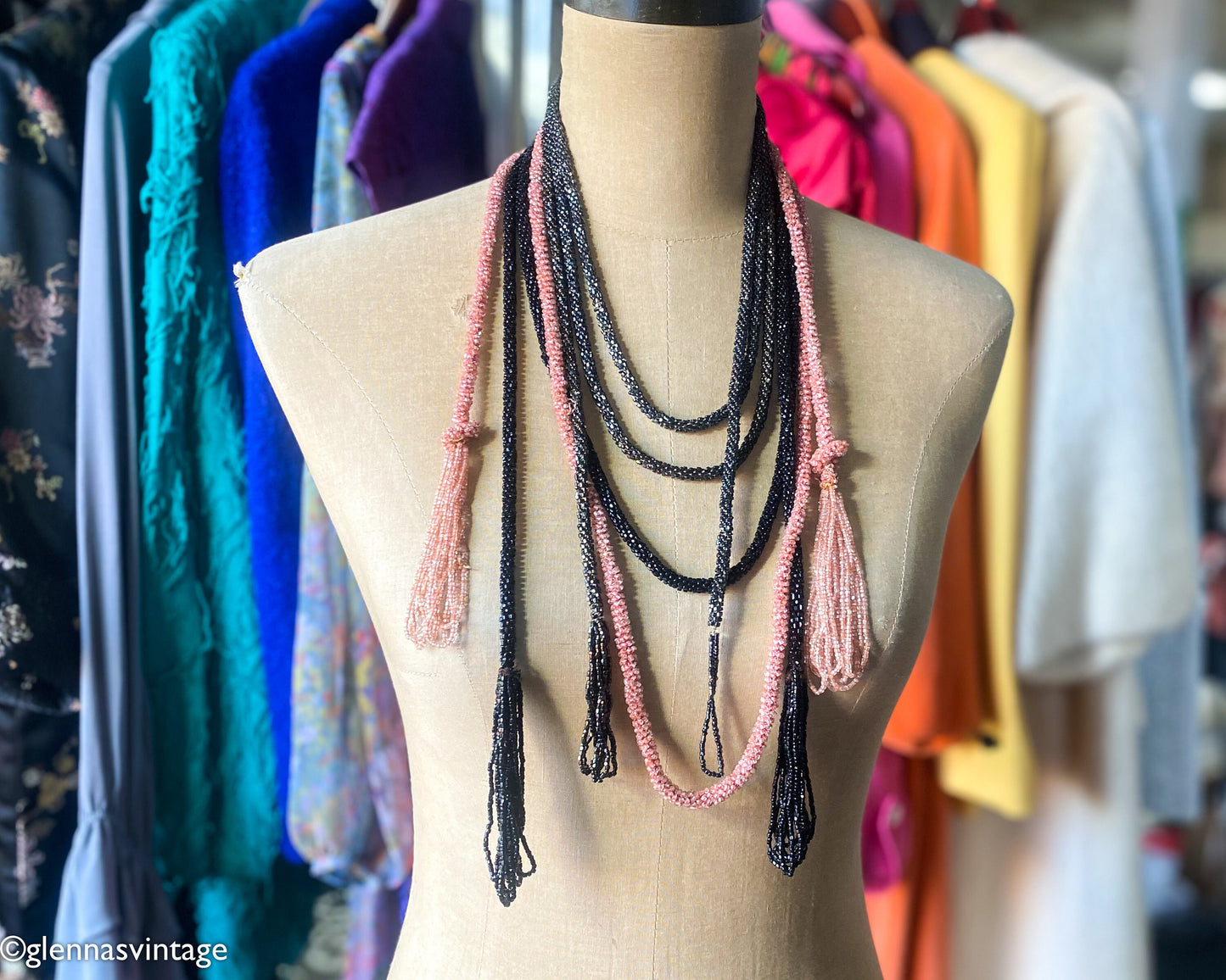 1920s  Pink Glass Bead Necklace | 20s Pink Beads Lariat Necklace | Flapper | Downton Abby | Gatsby