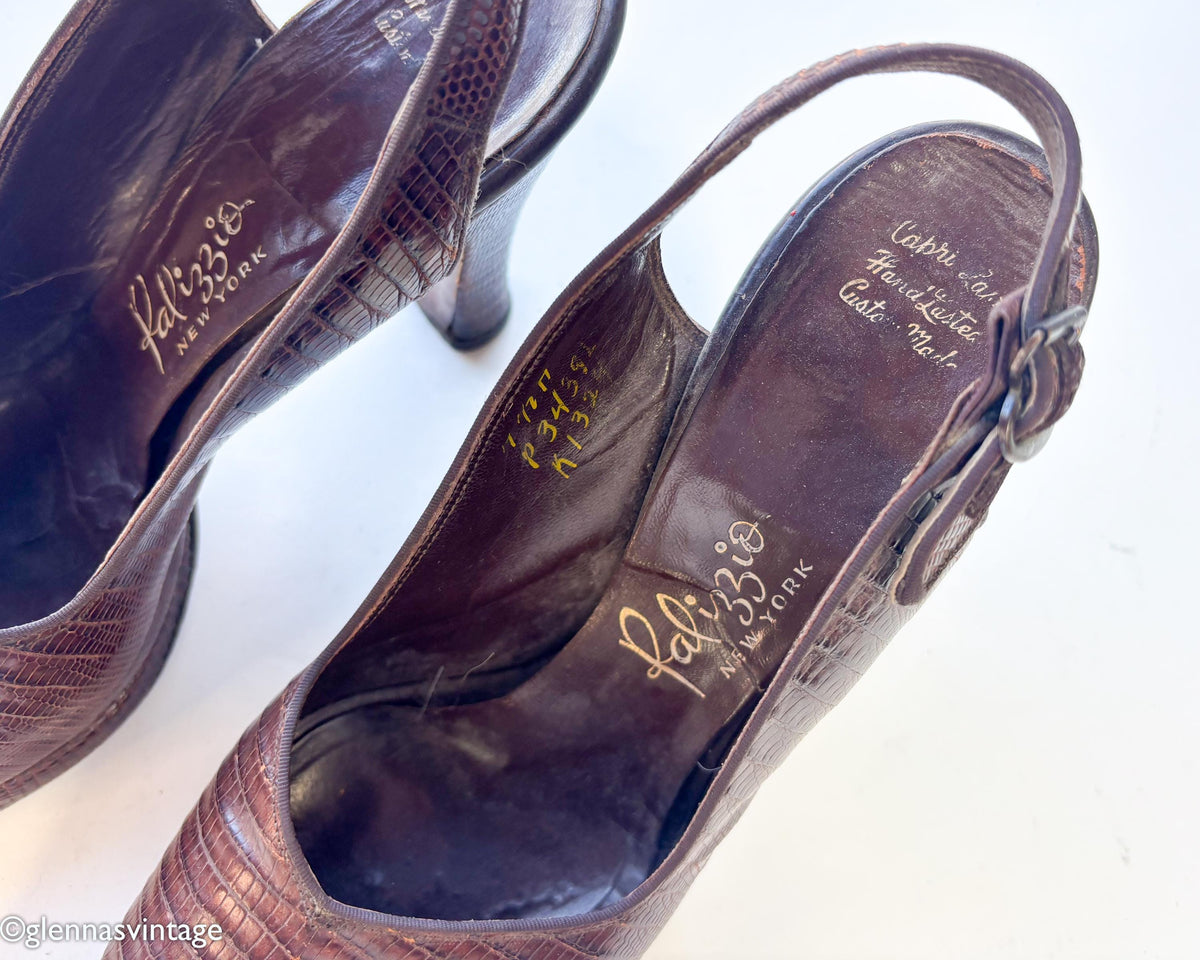 1940s Brown Lizard Platform Slingback Heels, 7.5 A, 38