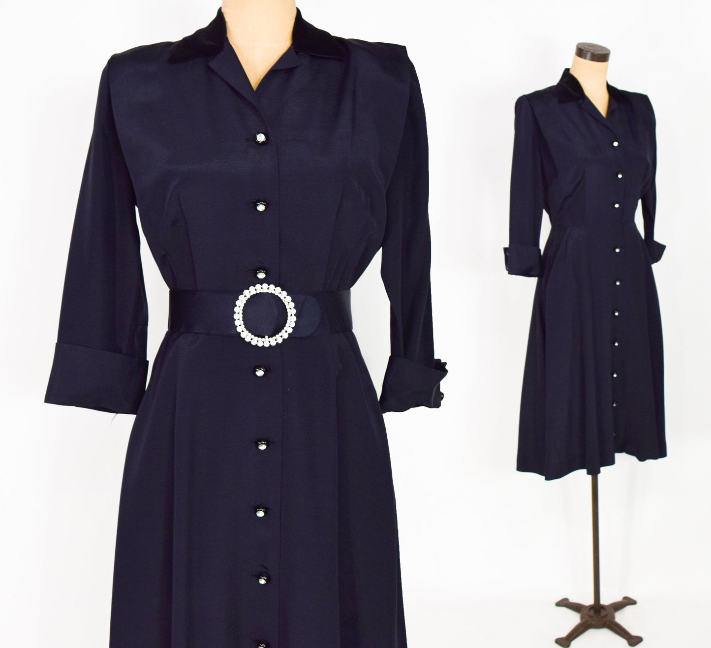 1950s Black Faille Party Dress with Rhinestone Buttons, Medium