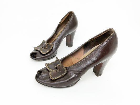 1940s Brown Leather Peep Toe Pumps Heels, Andrew Geller, US 7, EU 38