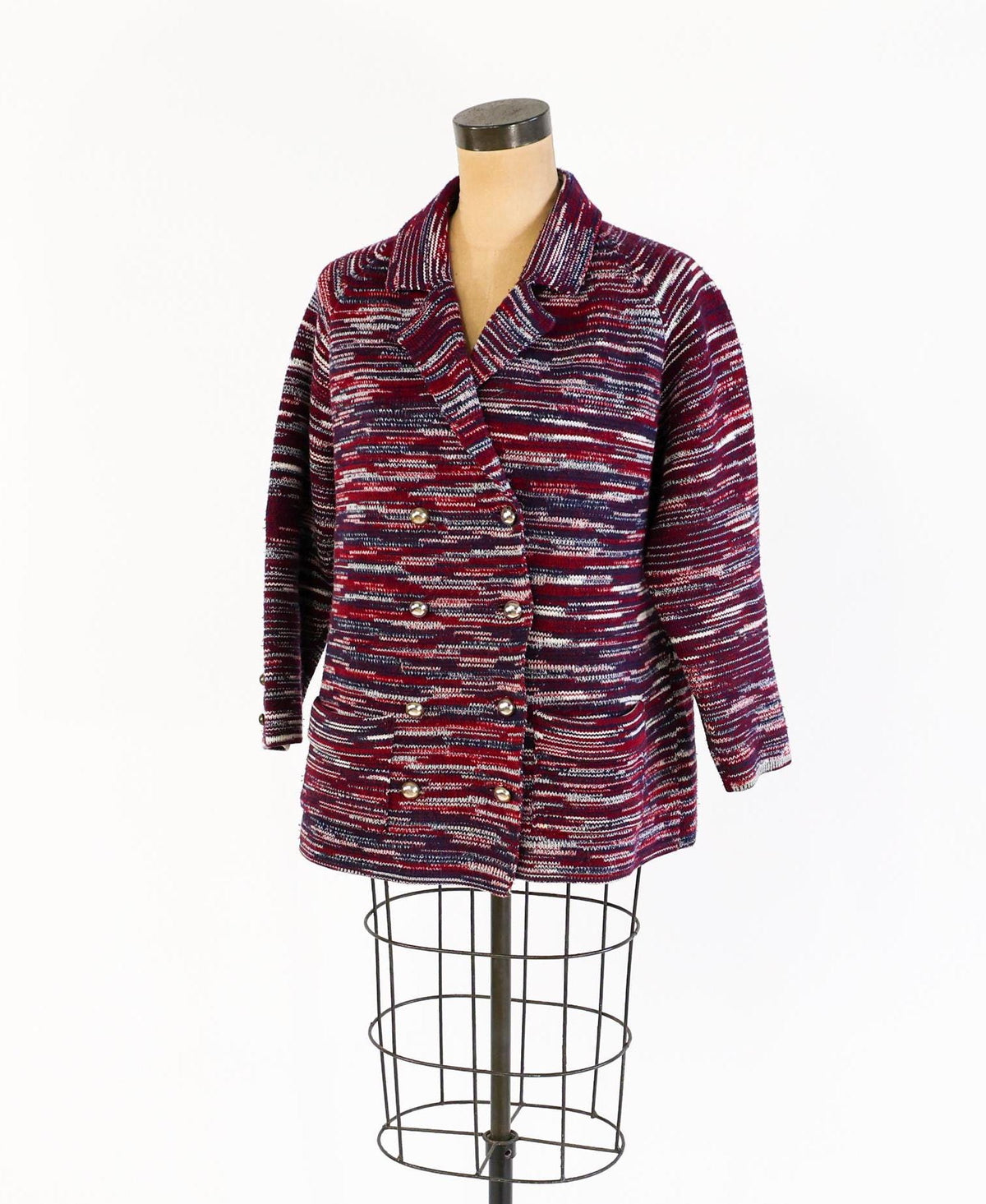 1970s Red Blue Striped Knit Cardigan Jacket by I. Magnin Double, Large