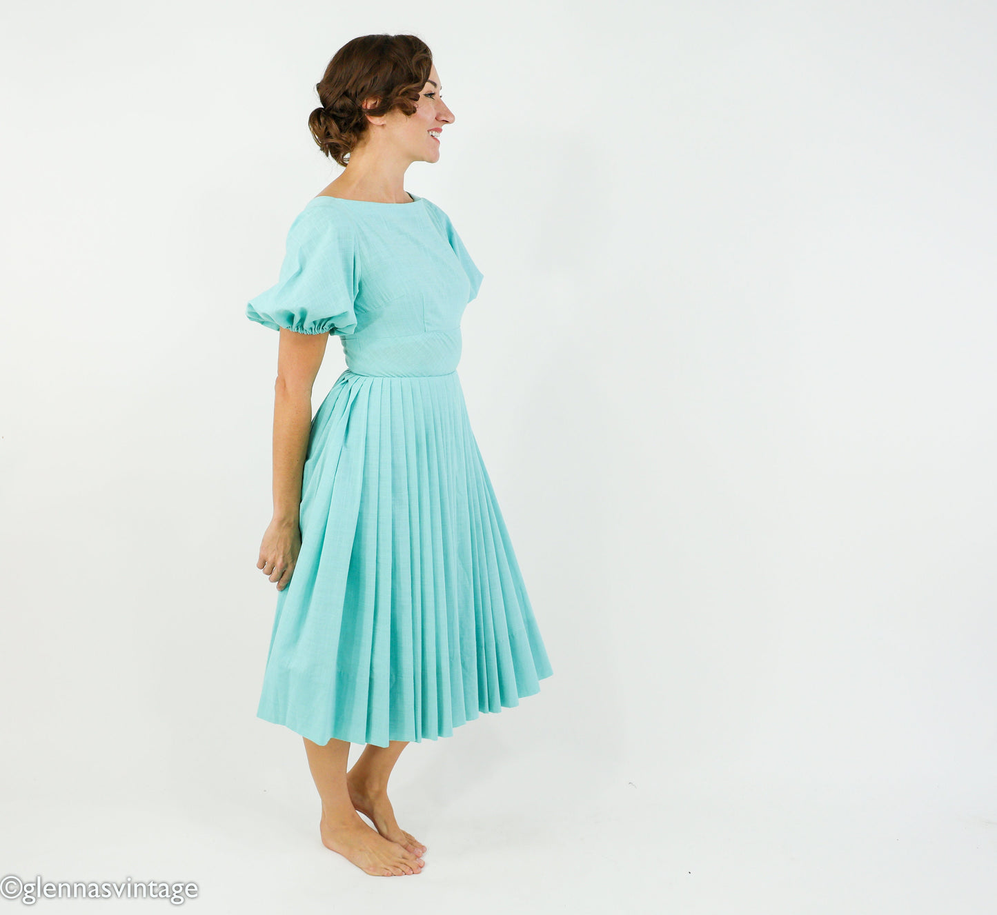 1950s Turquoise Blue Cotton Dress, Extra Small