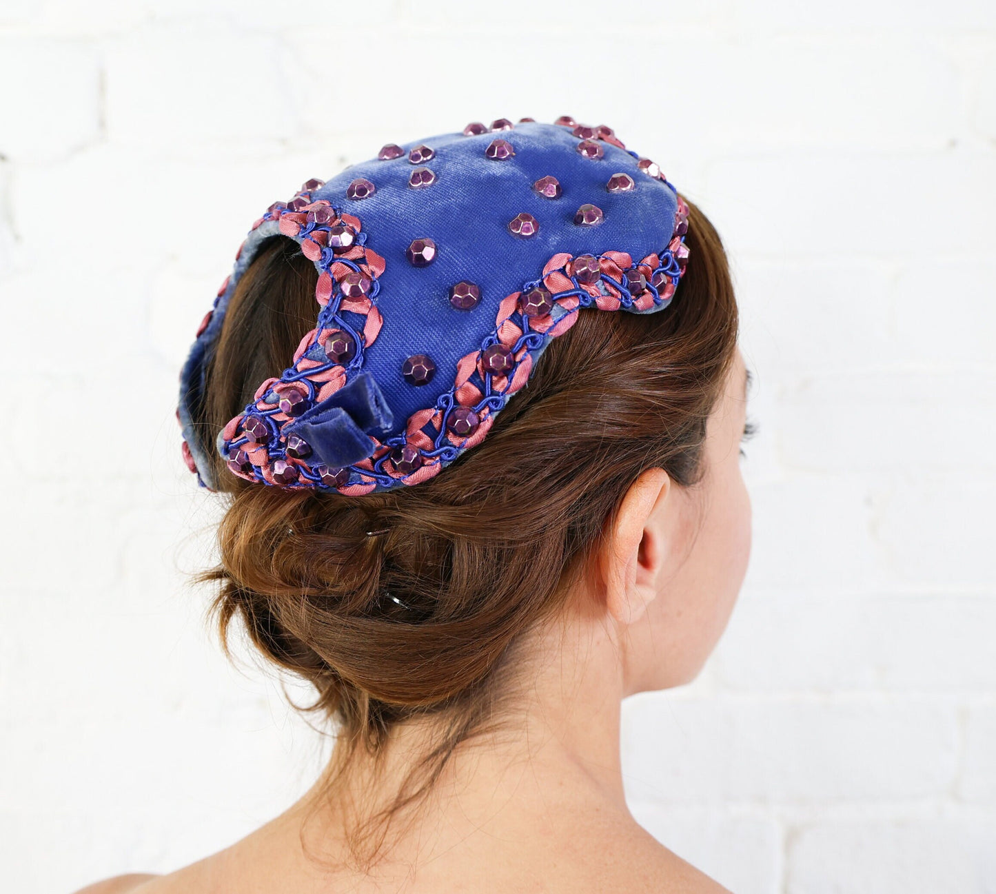 1950s Blue Velvet Beaded Fascinator Hat