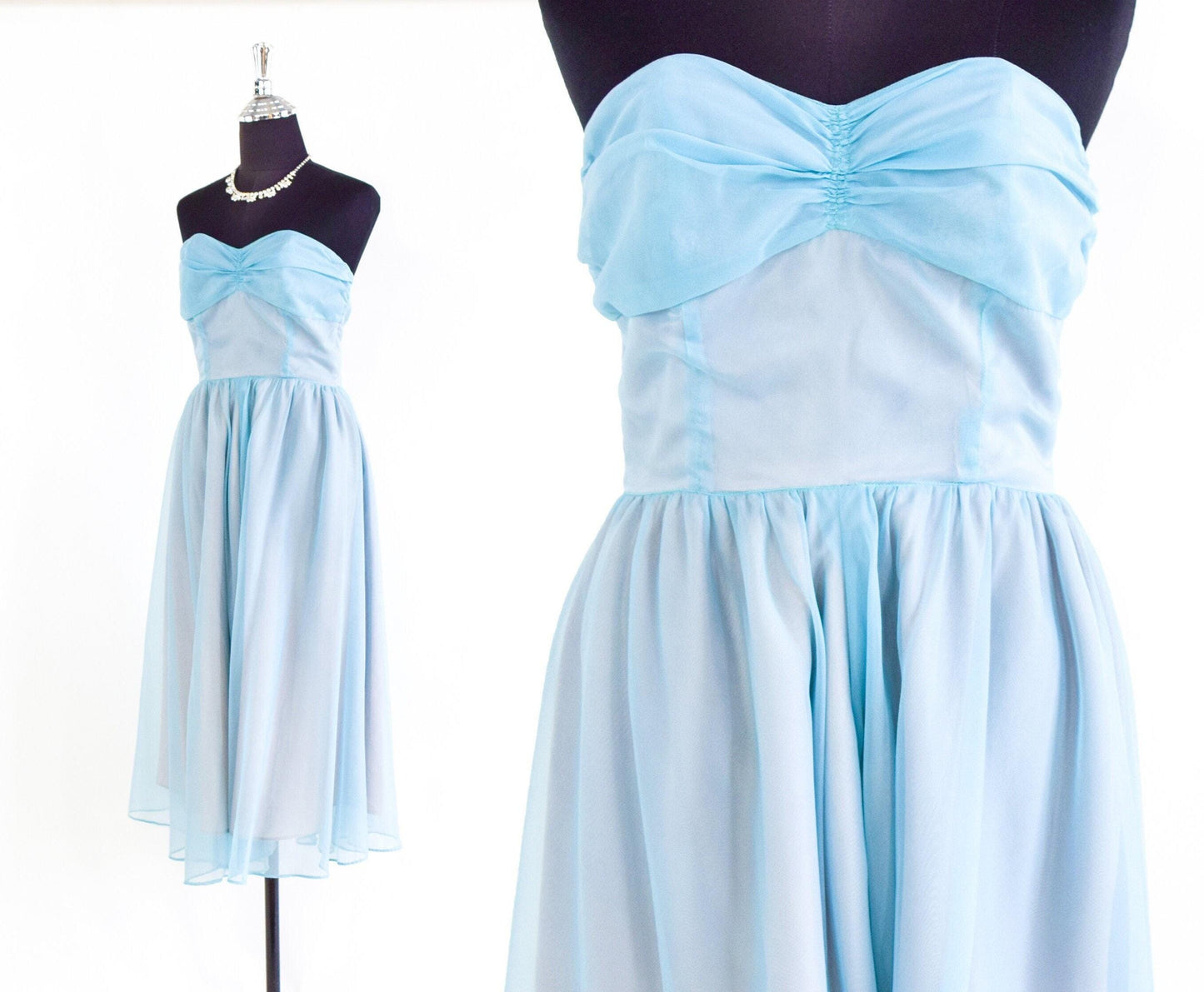 1950s Blue Nylon Prom Dress | Blue Strapless Evening Gown, Small