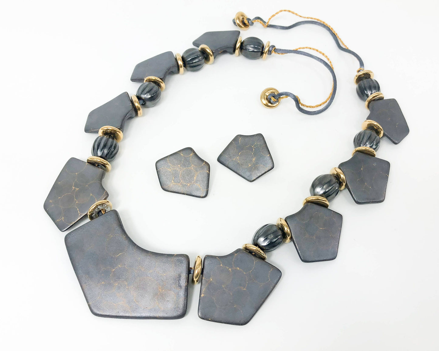 1980s Gray Ceramic Necklace & Earrings Set