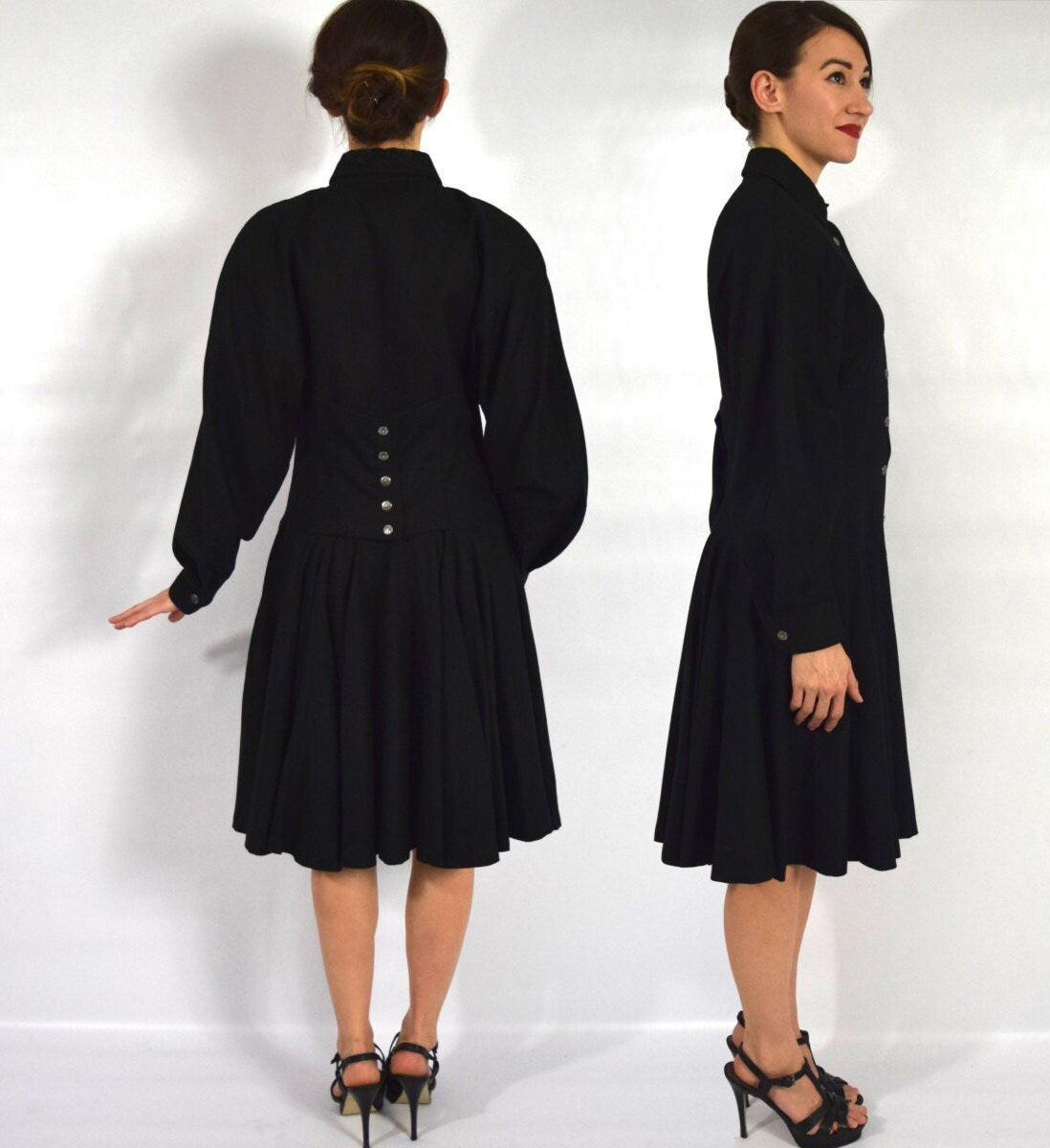 Byblos | 1990s Black Wool Dress | 90s Black Pleated Wool Gabardine Dress | Black Wool Dress  | Byblos | Medium