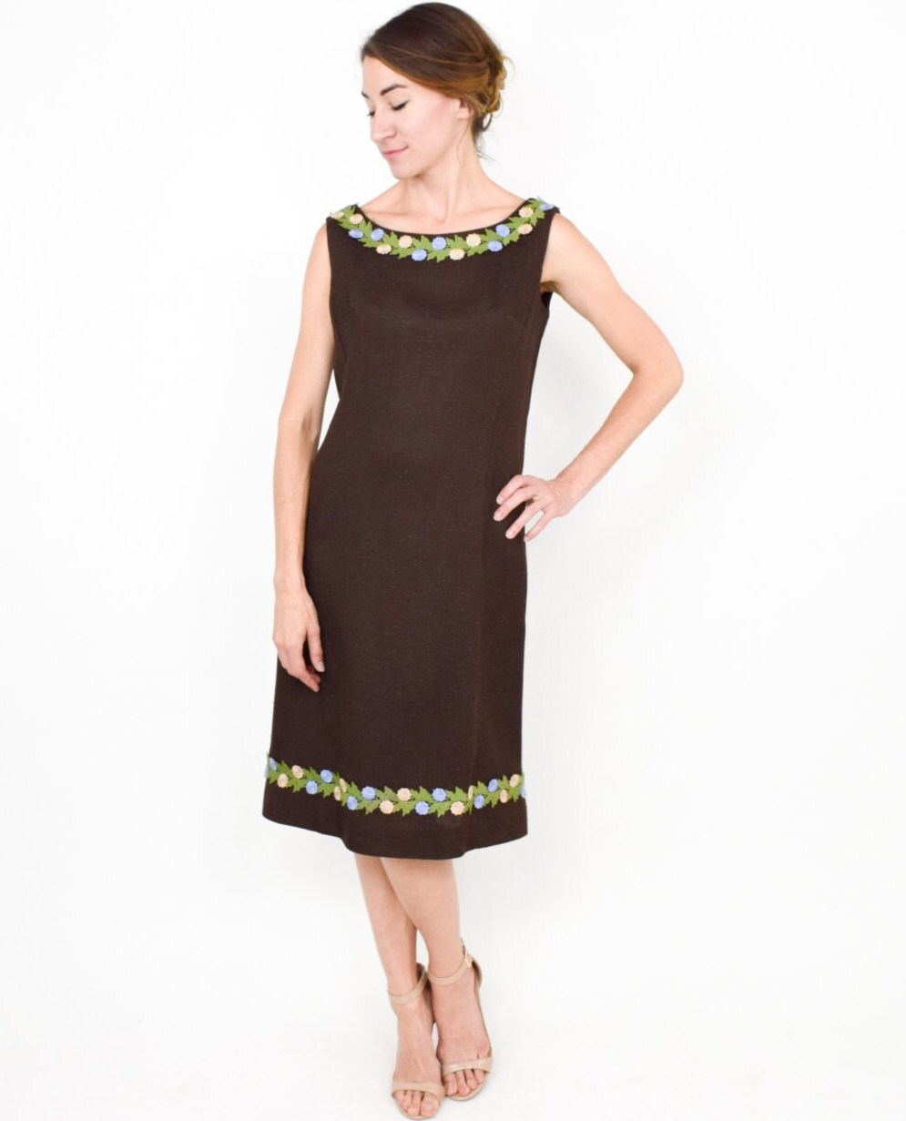 1950s Brown Linen Shift Dress with Floral Appliqué, Medium