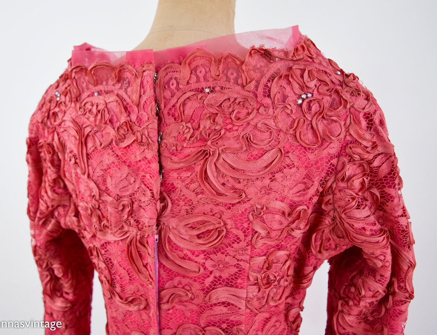1940s Coral Pink Lace & Rhinestone Evening Gown | 40s Pink Soutache Lace Rhinestone Dress | Old Hollywood | Medium