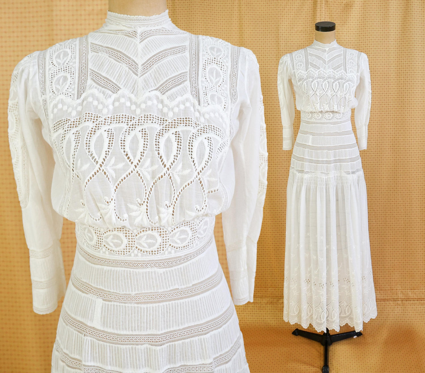 1880s Edwardian Lace Cotton Gown, Antique Walking Dress, Small