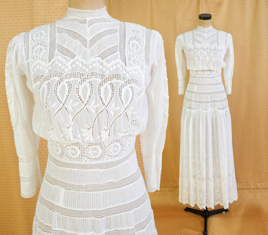 1880s Edwardian Lace Cotton Gown, Antique Walking Dress, Small