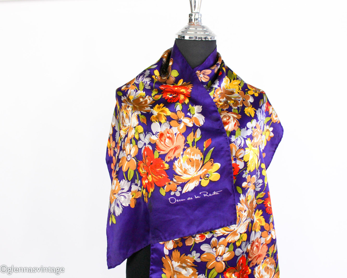 1980s Oscar de la Renta Purple Floral Silk Scarf