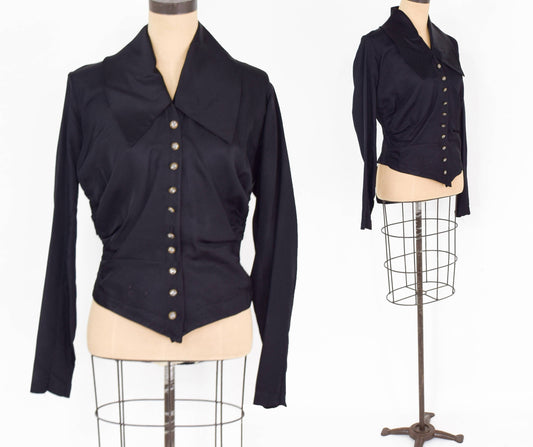 1800s Black Silk Blouse, Victorian Overblouse, Size Medium