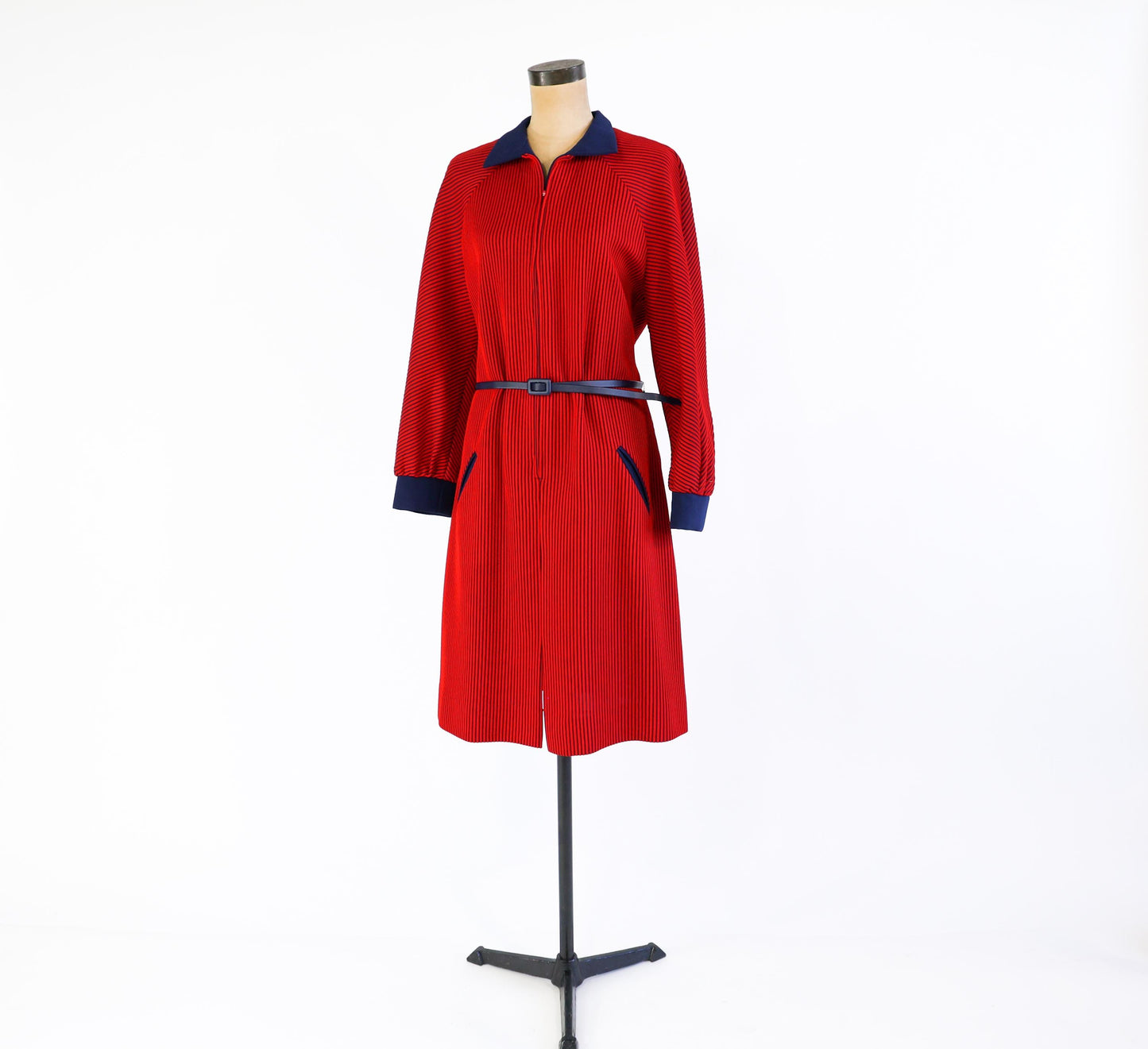 1960s Red Navy Striped Knit Dress , Extra Large, 40" Waist