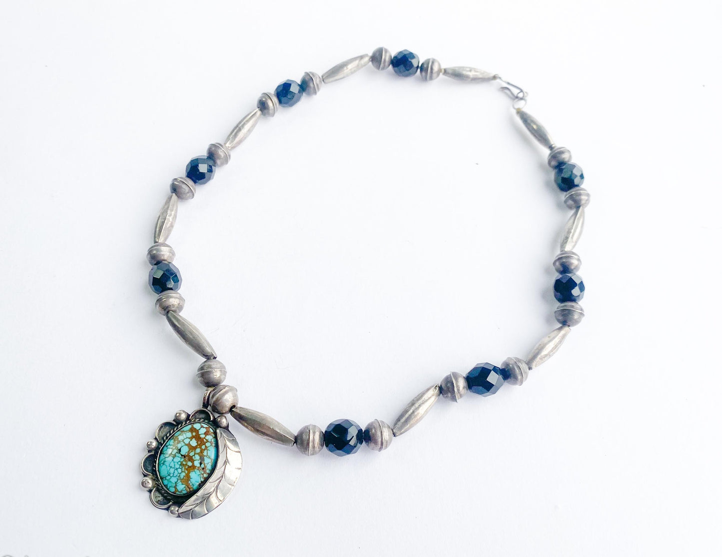 1940s Turquoise Pendant Necklace | Vintage Sterling Silver, Black Glass Beads